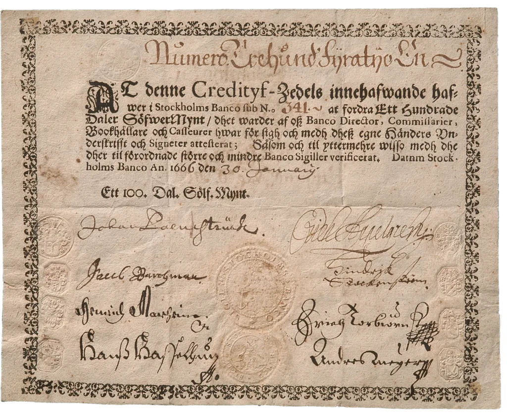 Kreditný list Stockholms Banco z roku 1661, prvá bankovka v Európe